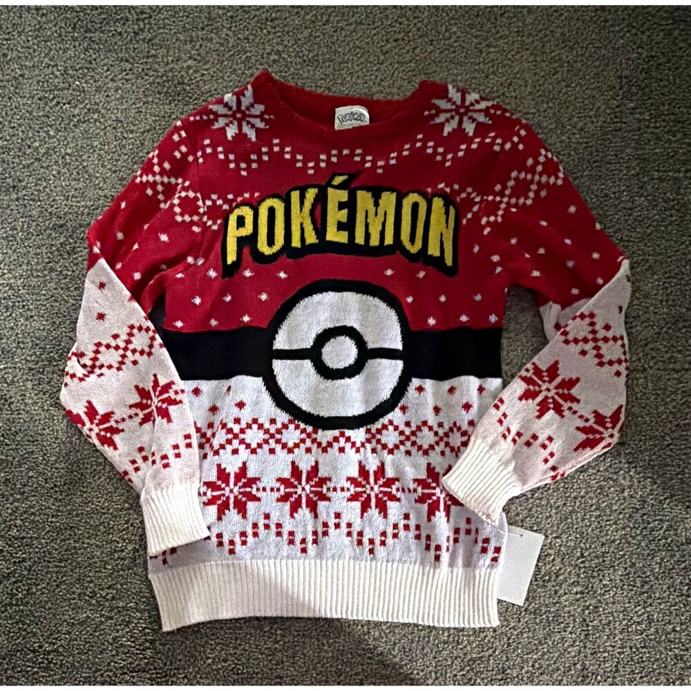 Pokémon Boys Fair Isle Christmas Crewneck Sweater Red/White Size Medium NWT A6